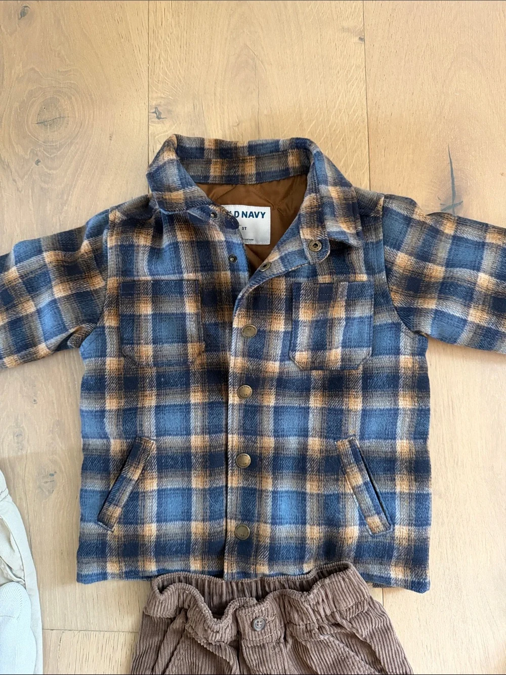 Kids Navy & Tan Plaid Shacket, Beige Chino Pants, Corduroy Cargos and Black Vest